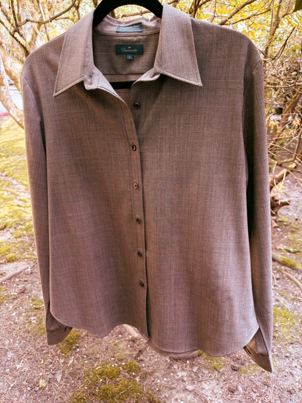 Evan Picone Taupe-Brown Button Front Long Sleeve Blouse